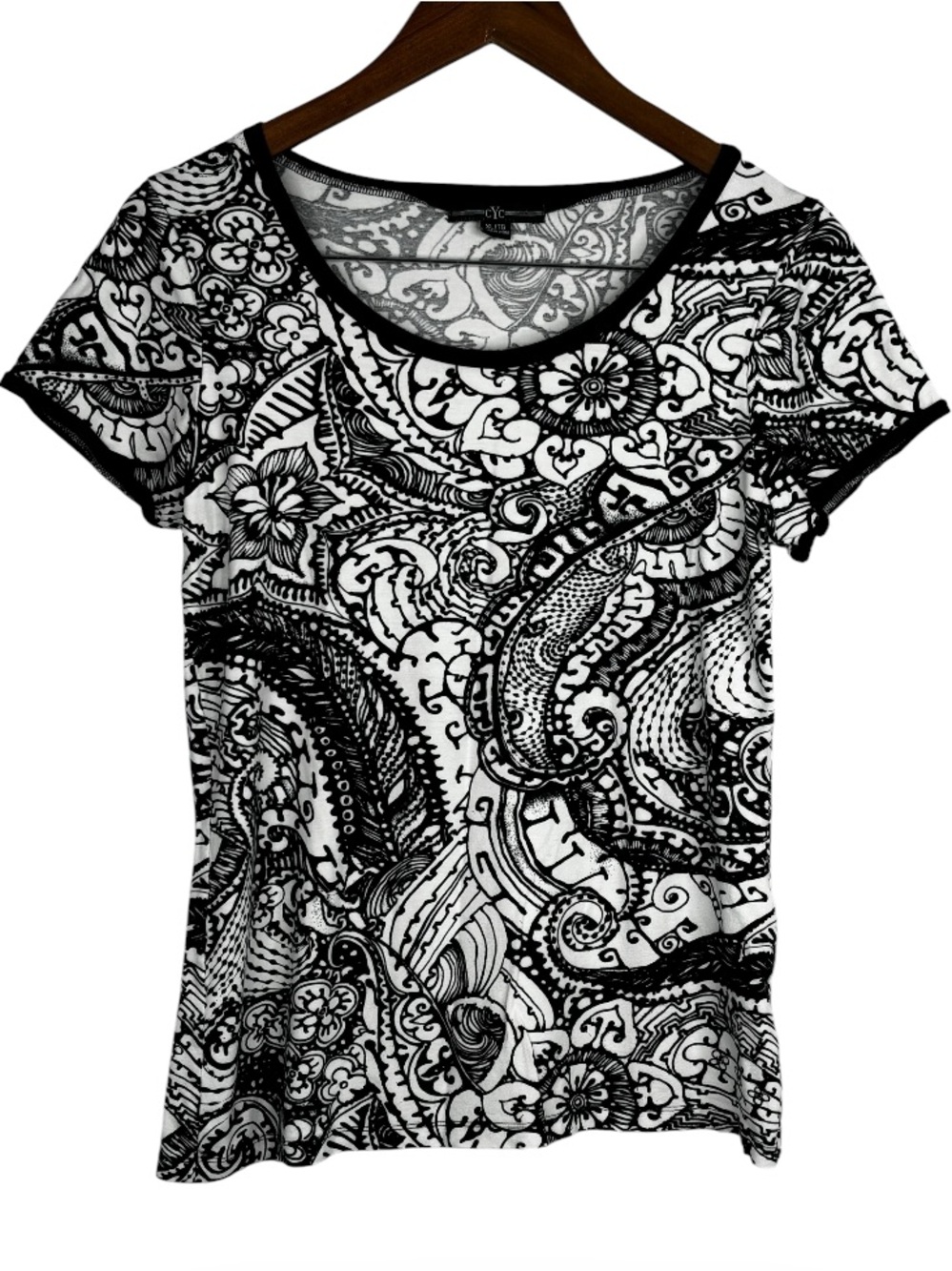 CYC Coco Y Club Black & White Paisley Floral Pattern Short Sleeve Scoop Neck XL